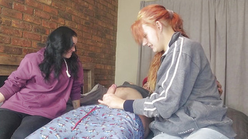 Two shy teen girls took turns jerking off their stepbrother's cock Thumb