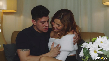 During kissing, the clothes came off the hot chick and she bit her partner's erect penis Thumb